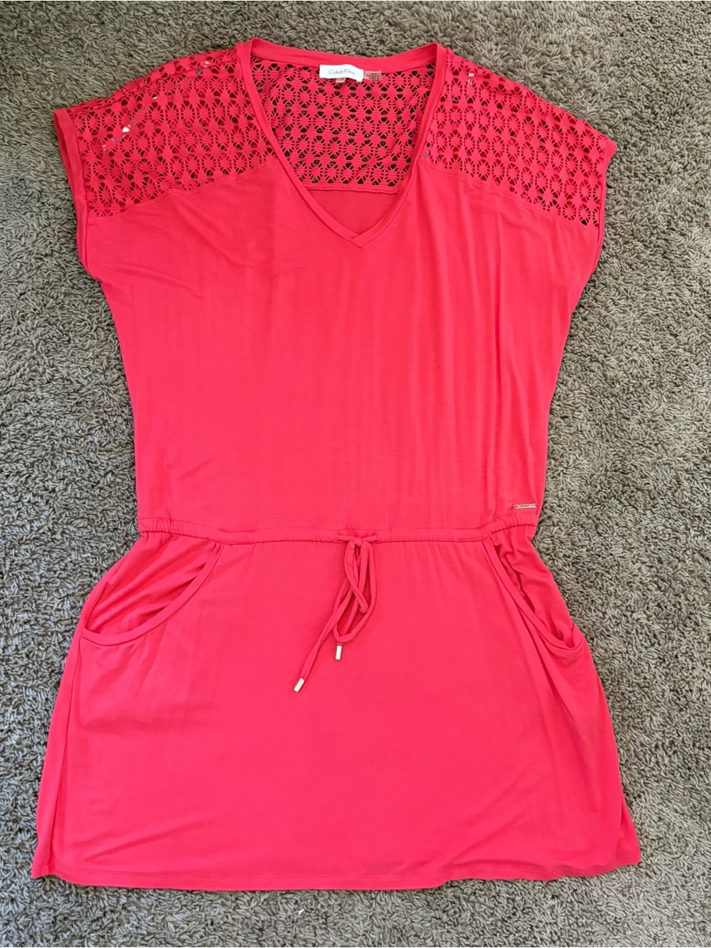 Calvin Klein Coral Red Crochet-Yoke Drawstring Swim Coverup